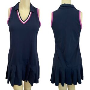 Vintage Tail Tennis Dress Navy Striped Collared Pleated V-Neck Sleevless